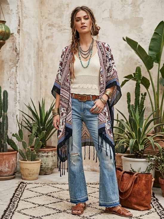 Tops - Boho Floral Fringe Kimono